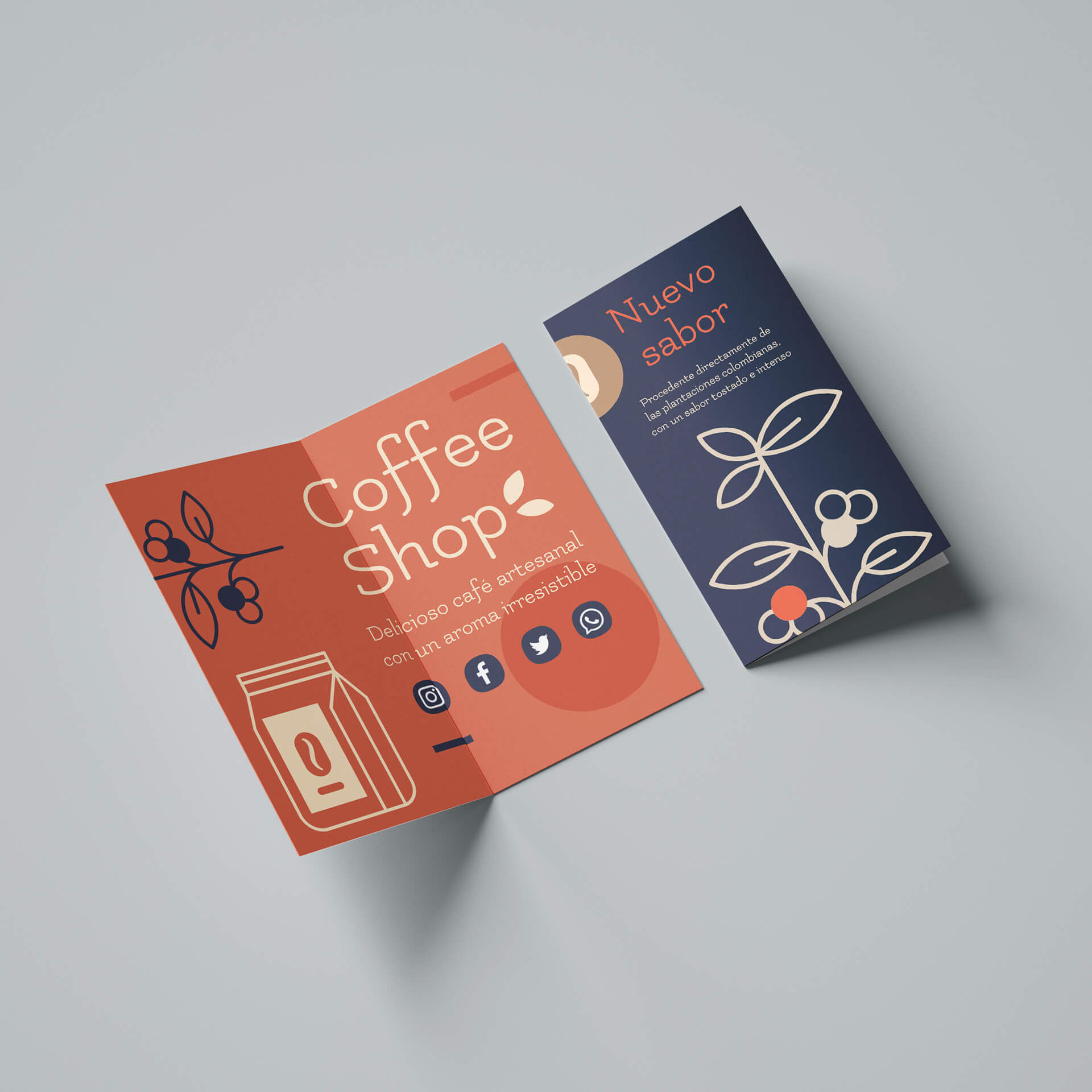 Imagen del díptico de Coffee Shop, donde publicita el nuevo sabor que han incorporado a su catálogo de cafés. El folleto está impreso a todo color, en un naranja-rojizo apagado que hace contraste con el azul marino de la portada.