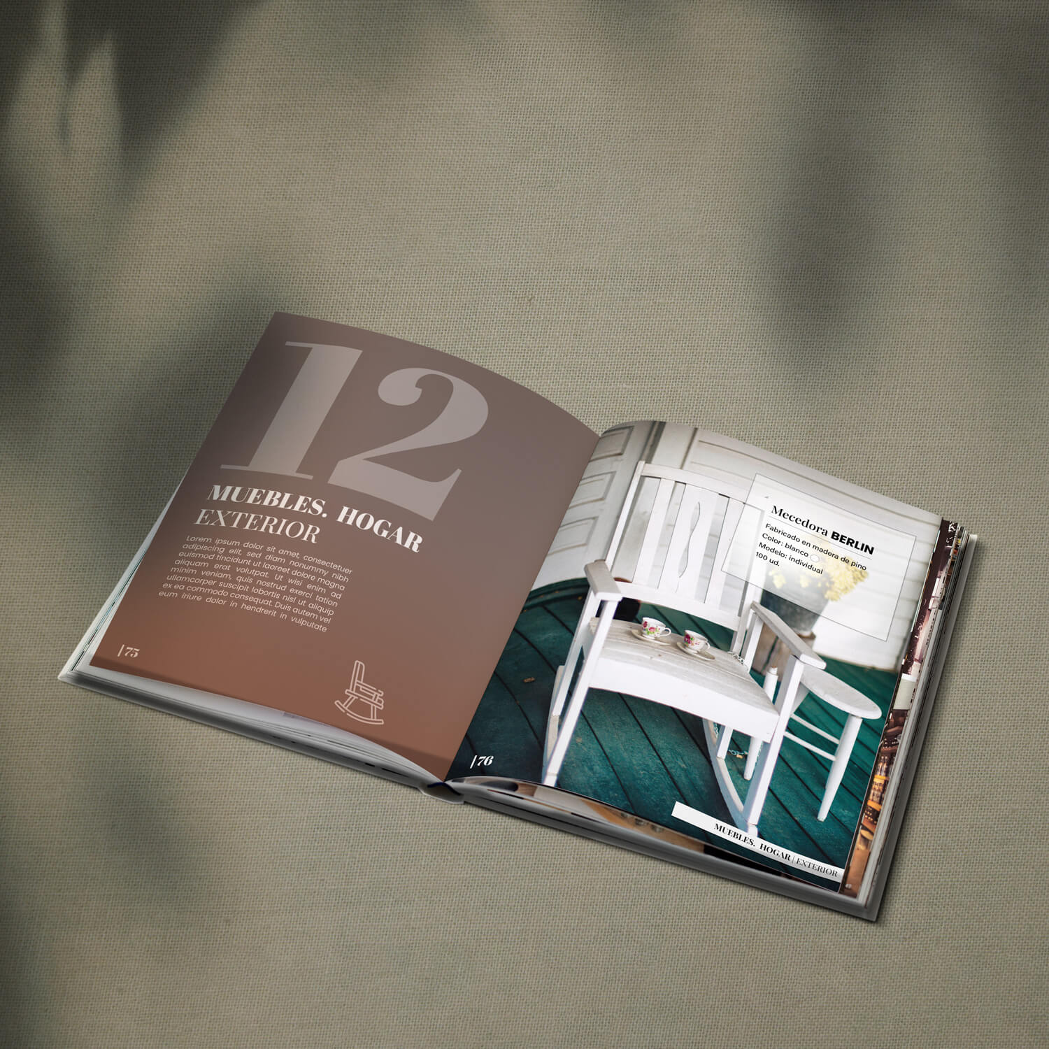 Imagen de un catálogo de muebles, abierto por la página de muebles de exterior y con el producto de la mecedora berlin en blanco.