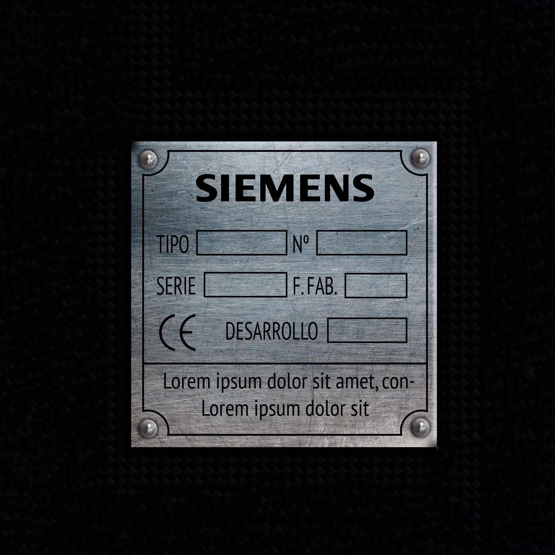 Imagen de la placa de acero de una máquina con la información de la marca, el modelo, el numero de serie y algunos datos tecnicos más de la máquina.