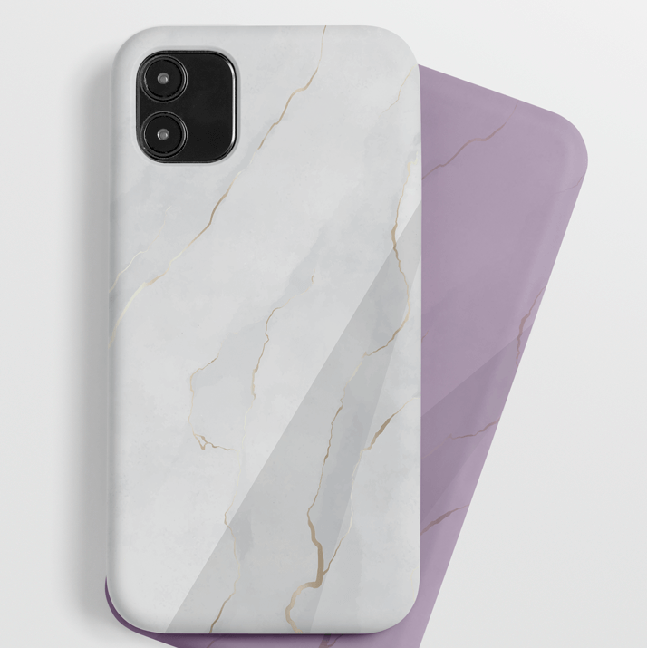 Imagen de dos carcasas de móviles rotuladas directamente sobre la funda, con una elegante textura de mármol.